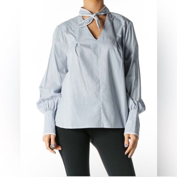 Ro‎ & De Blue and White Striped Long Sleeve Top with Tie Neck Size S - Picture 1 of 6